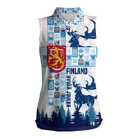 Finland Christmas Women Sleeveless Polo Shirt with Reindeer Forest Crest and Nordic Pattern Design - Wonder Print Shop