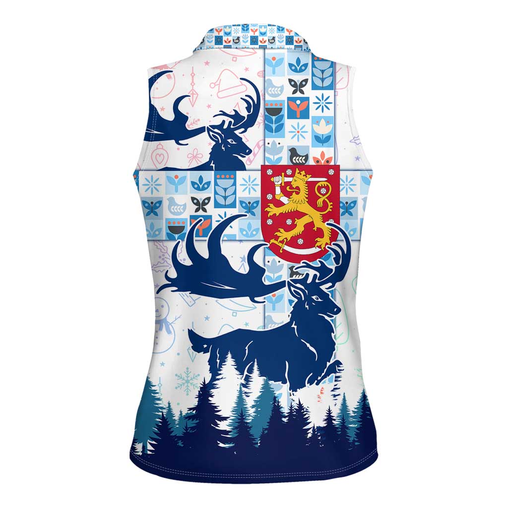 Finland Christmas Women Sleeveless Polo Shirt with Reindeer Forest Crest and Nordic Pattern Design - Wonder Print Shop