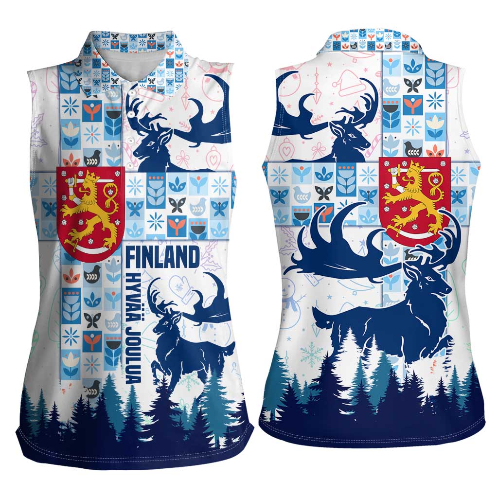 Finland Christmas Women Sleeveless Polo Shirt with Reindeer Forest Crest and Nordic Pattern Design - Wonder Print Shop