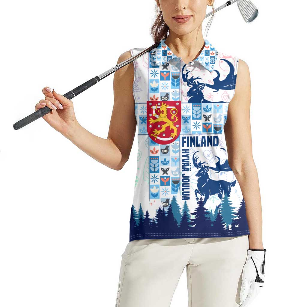Finland Christmas Women Sleeveless Polo Shirt with Reindeer Forest Crest and Nordic Pattern Design - Wonder Print Shop