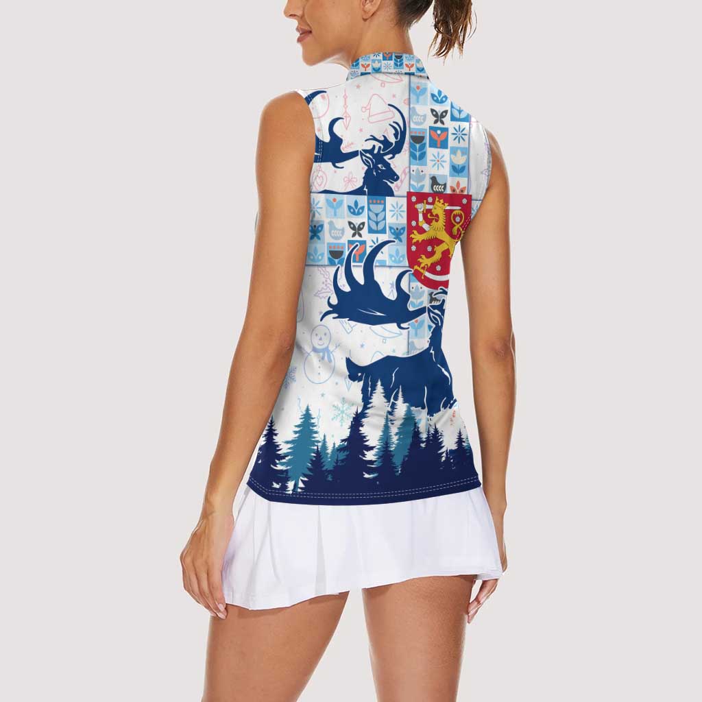 Finland Christmas Women Sleeveless Polo Shirt with Reindeer Forest Crest and Nordic Pattern Design - Wonder Print Shop