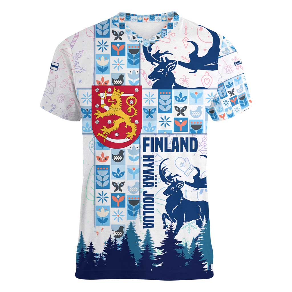 Finland Christmas Women V-Neck T-Shirt with Reindeer Forest Crest and Nordic Pattern Design - Wonder Print Shop