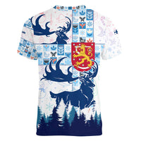 Finland Christmas Women V-Neck T-Shirt with Reindeer Forest Crest and Nordic Pattern Design - Wonder Print Shop