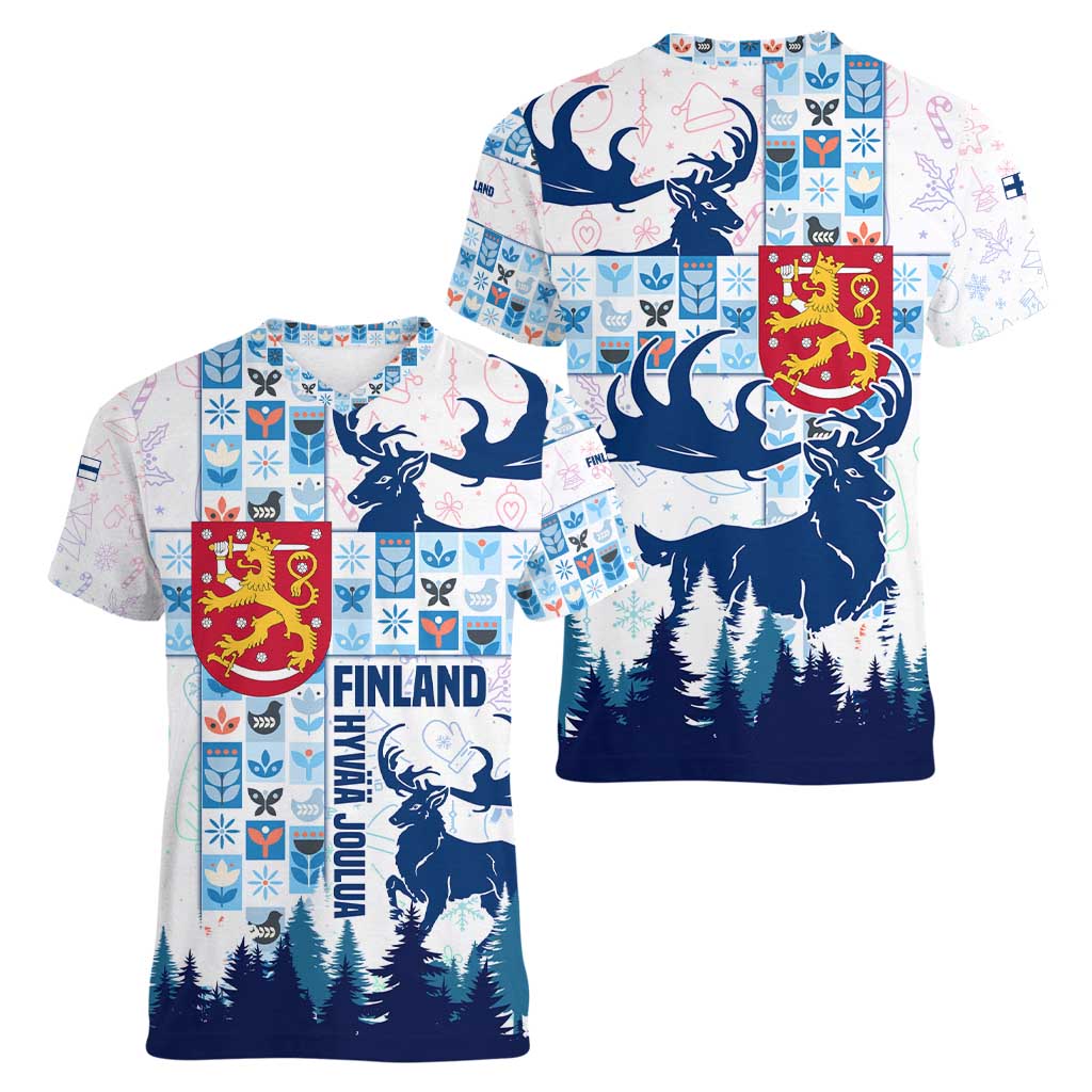 Finland Christmas Women V-Neck T-Shirt with Reindeer Forest Crest and Nordic Pattern Design - Wonder Print Shop