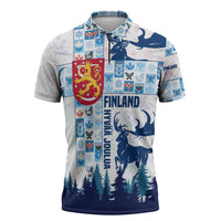 Finland Christmas Zipper Polo Shirt with Reindeer Forest Crest and Nordic Pattern Design - Wonder Print Shop