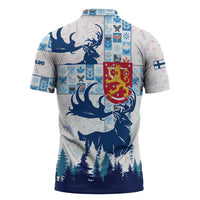 Finland Christmas Zipper Polo Shirt with Reindeer Forest Crest and Nordic Pattern Design - Wonder Print Shop
