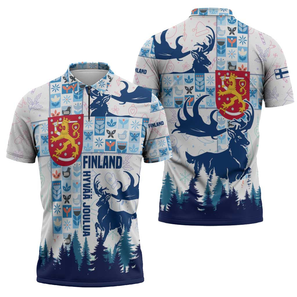 Finland Christmas Zipper Polo Shirt with Reindeer Forest Crest and Nordic Pattern Design - Wonder Print Shop