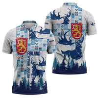 Finland Christmas Zipper Polo Shirt with Reindeer Forest Crest and Nordic Pattern Design - Wonder Print Shop