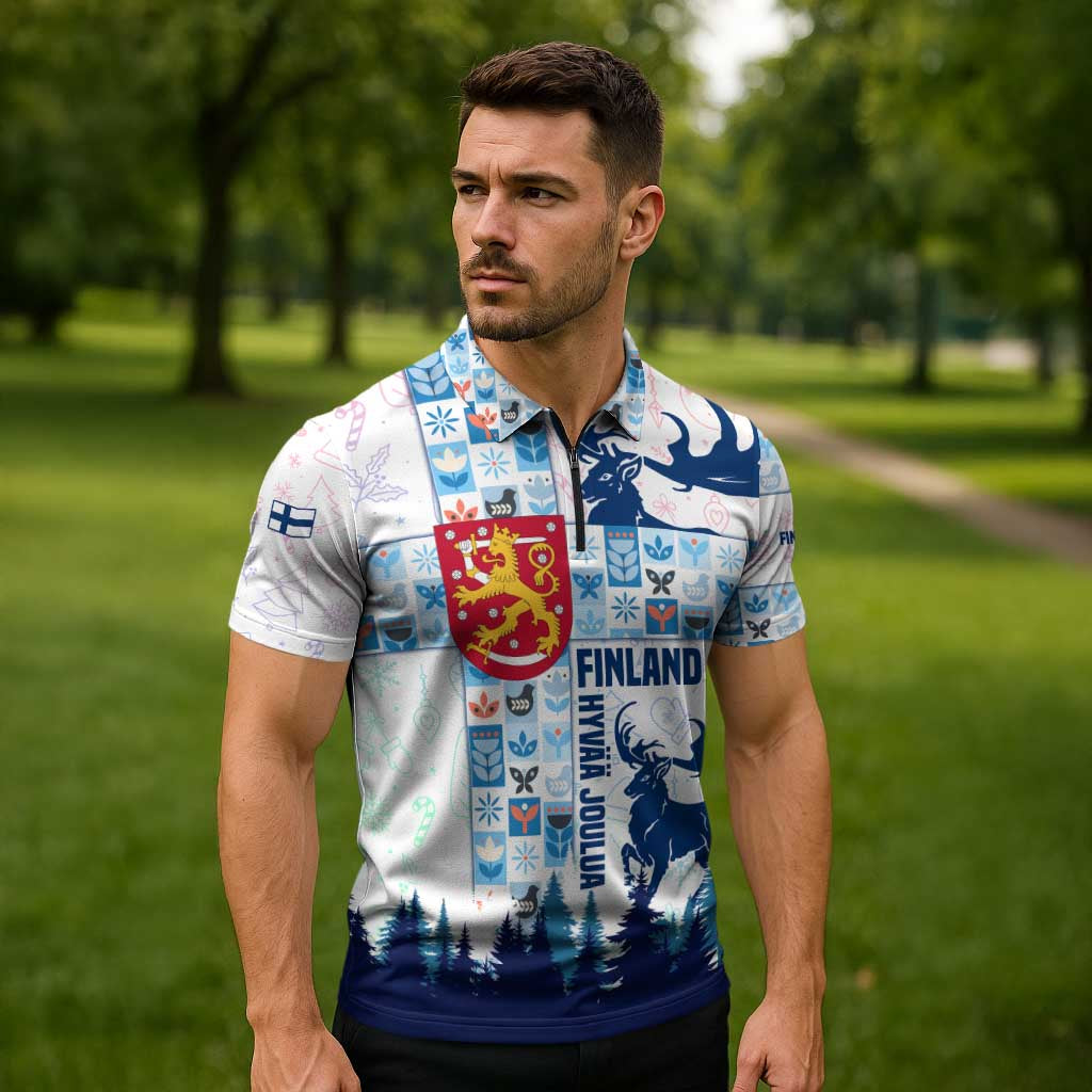 Finland Christmas Zipper Polo Shirt with Reindeer Forest Crest and Nordic Pattern Design - Wonder Print Shop