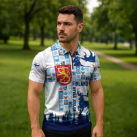 Finland Christmas Zipper Polo Shirt with Reindeer Forest Crest and Nordic Pattern Design - Wonder Print Shop