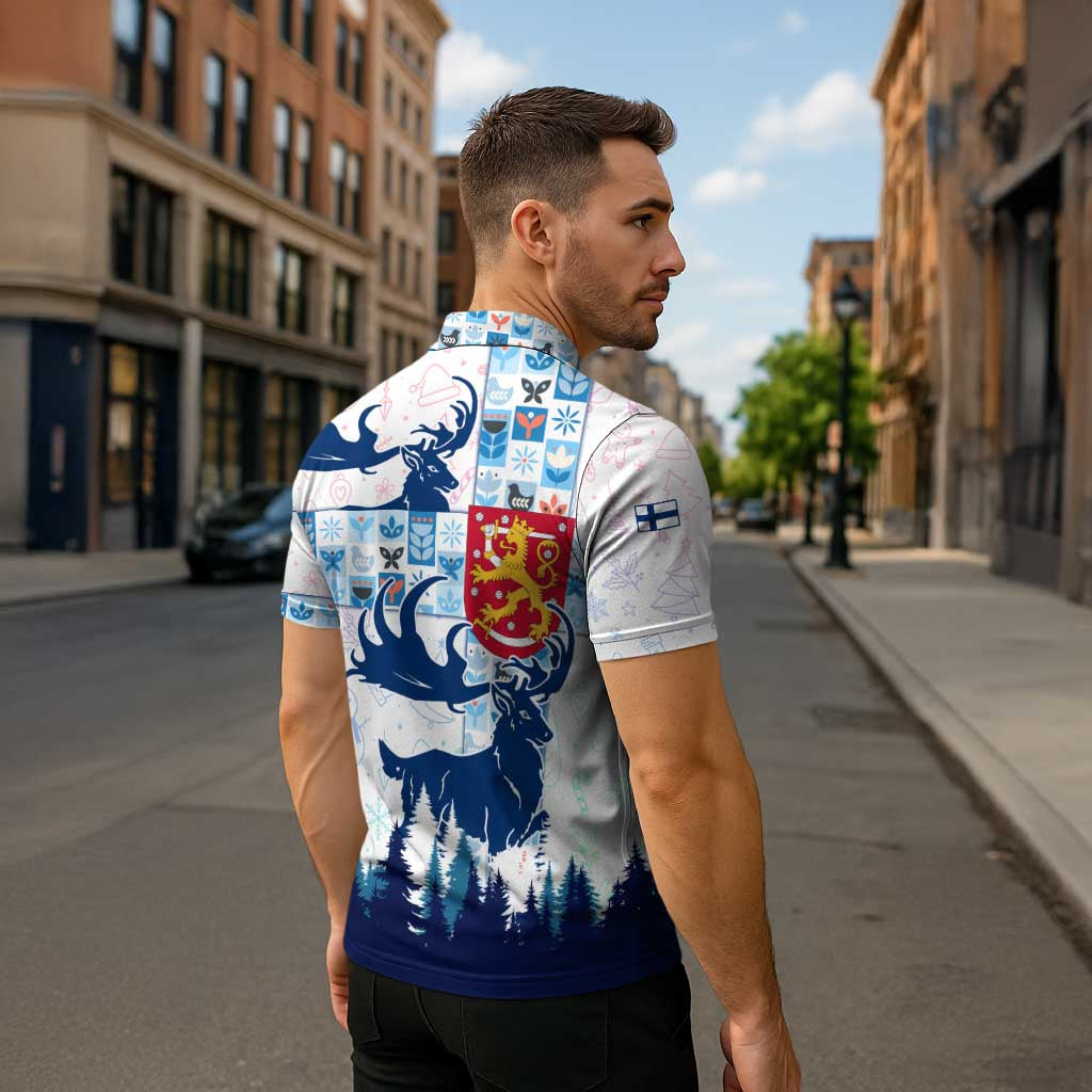 Finland Christmas Zipper Polo Shirt with Reindeer Forest Crest and Nordic Pattern Design - Wonder Print Shop