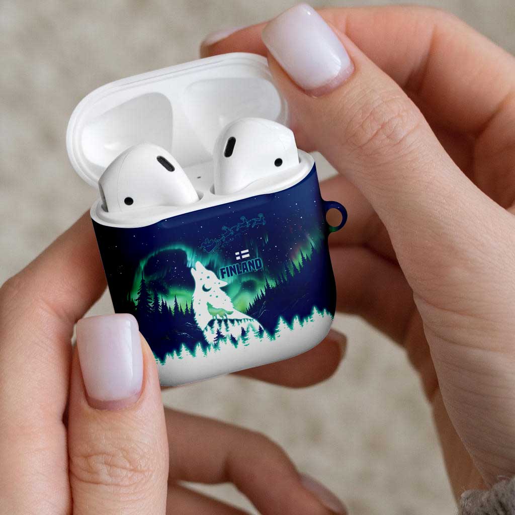 Finland Christmas AirPods Case with Howling Wolf Northern Lights Forest and Snow Design - Wonder Print Shop
