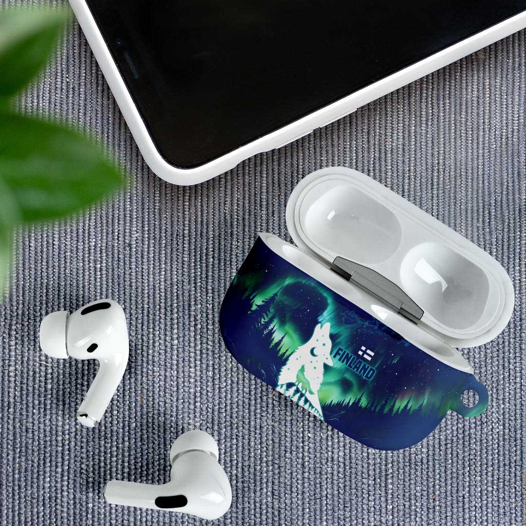 Finland Christmas AirPods Case with Howling Wolf Northern Lights Forest and Snow Design - Wonder Print Shop