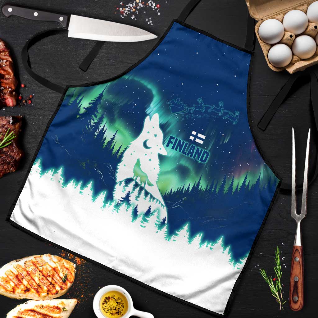 Finland Christmas Apron with Howling Wolf Northern Lights Forest and Snow Design - Wonder Print Shop