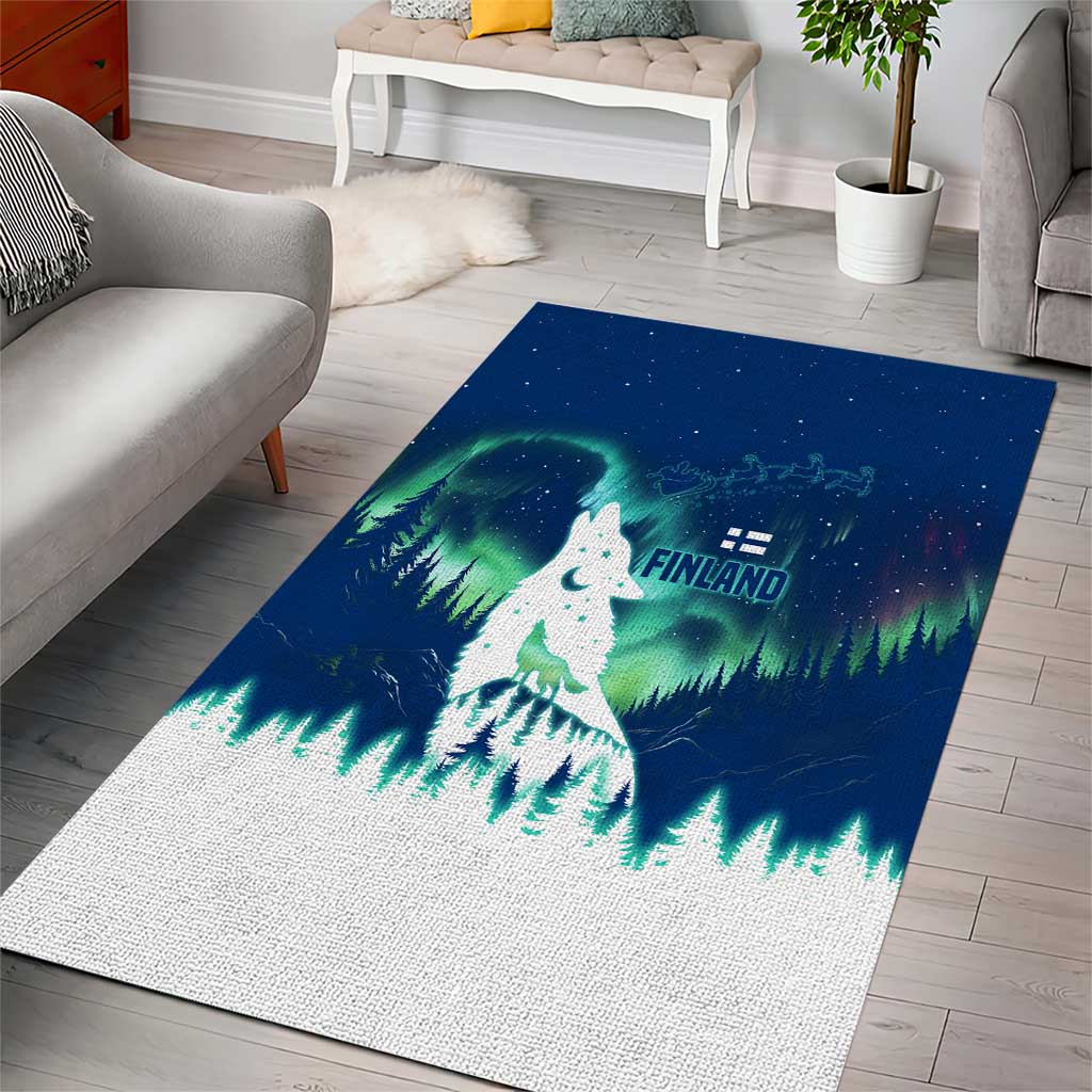 Finland Christmas Area Rug with Howling Wolf Northern Lights Forest and Snow Design - Wonder Print Shop