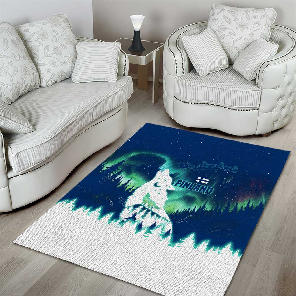 Finland Christmas Area Rug with Howling Wolf Northern Lights Forest and Snow Design - Wonder Print Shop
