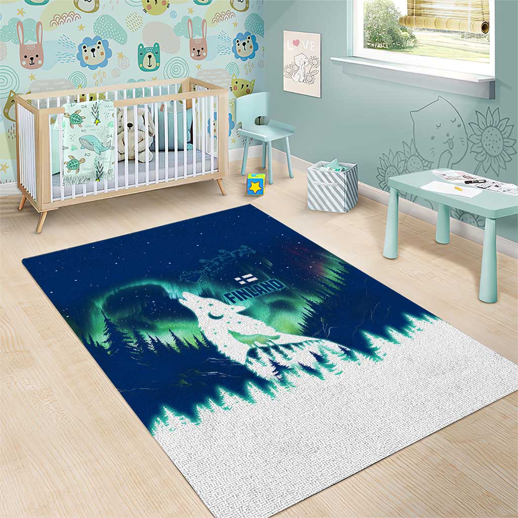 Finland Christmas Area Rug with Howling Wolf Northern Lights Forest and Snow Design - Wonder Print Shop