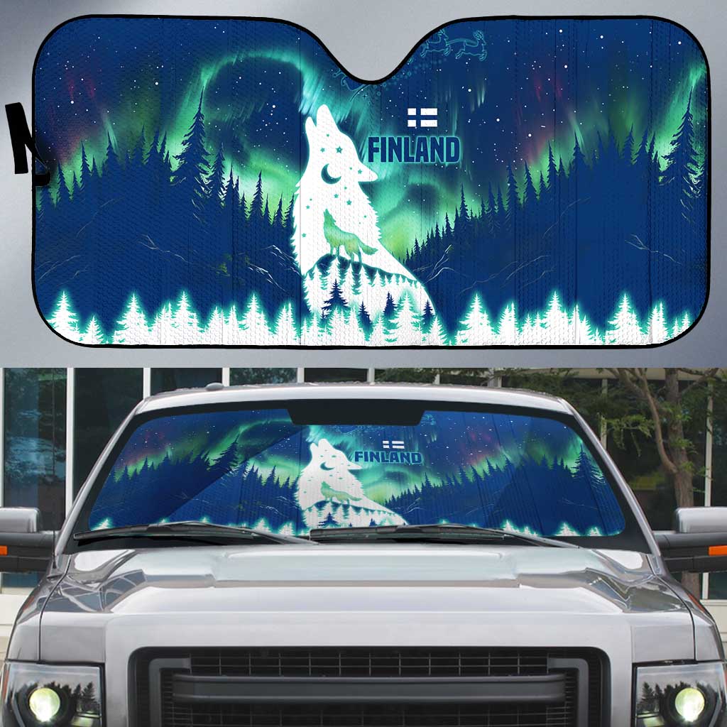 Finland Christmas Auto Sun Shade with Howling Wolf Northern Lights Forest and Snow Design - Wonder Print Shop