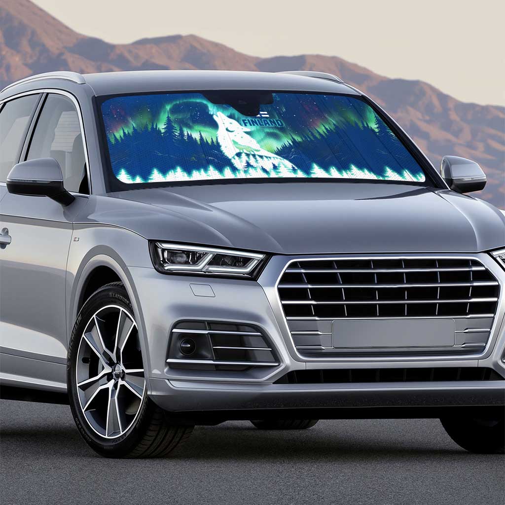 Finland Christmas Auto Sun Shade with Howling Wolf Northern Lights Forest and Snow Design - Wonder Print Shop