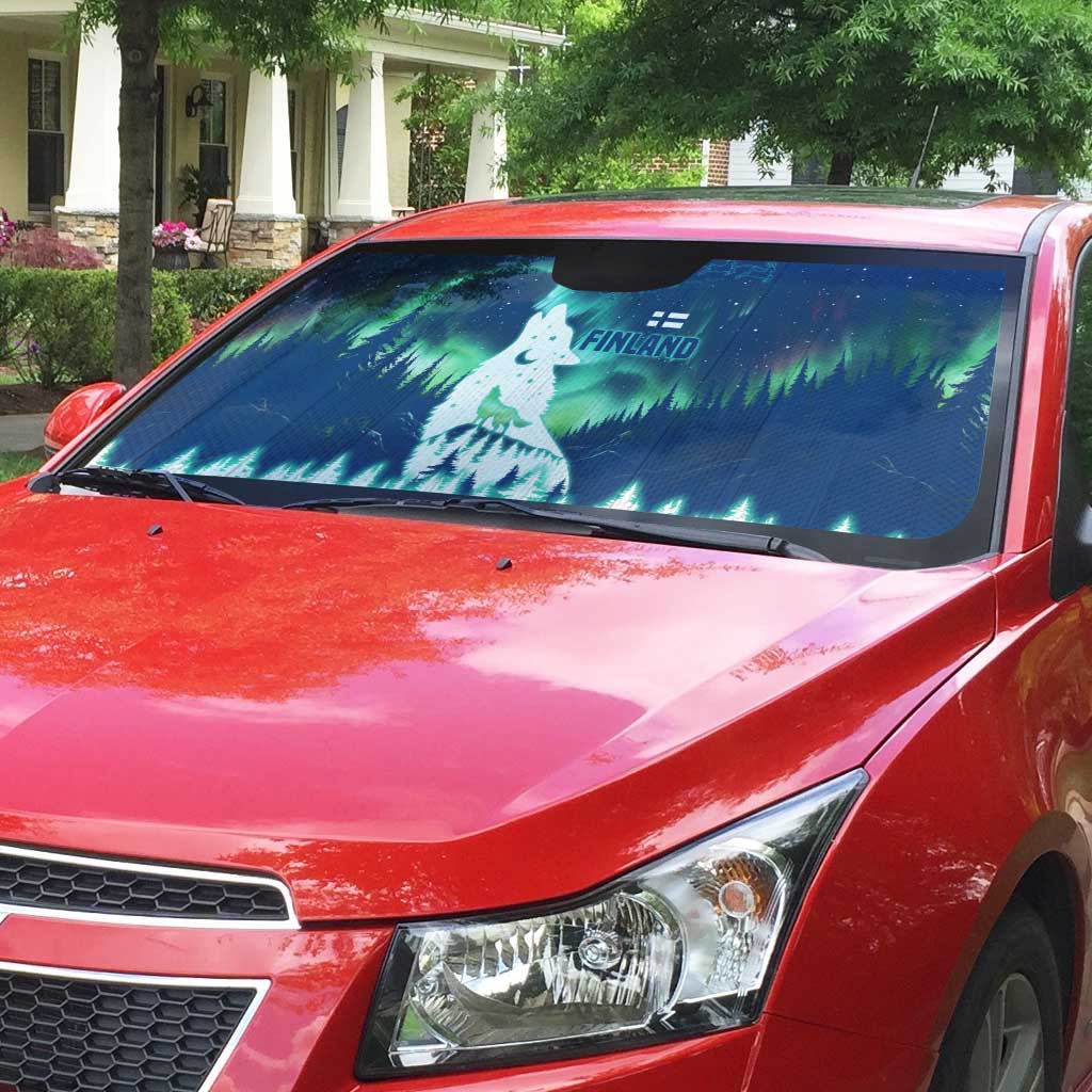 Finland Christmas Auto Sun Shade with Howling Wolf Northern Lights Forest and Snow Design - Wonder Print Shop