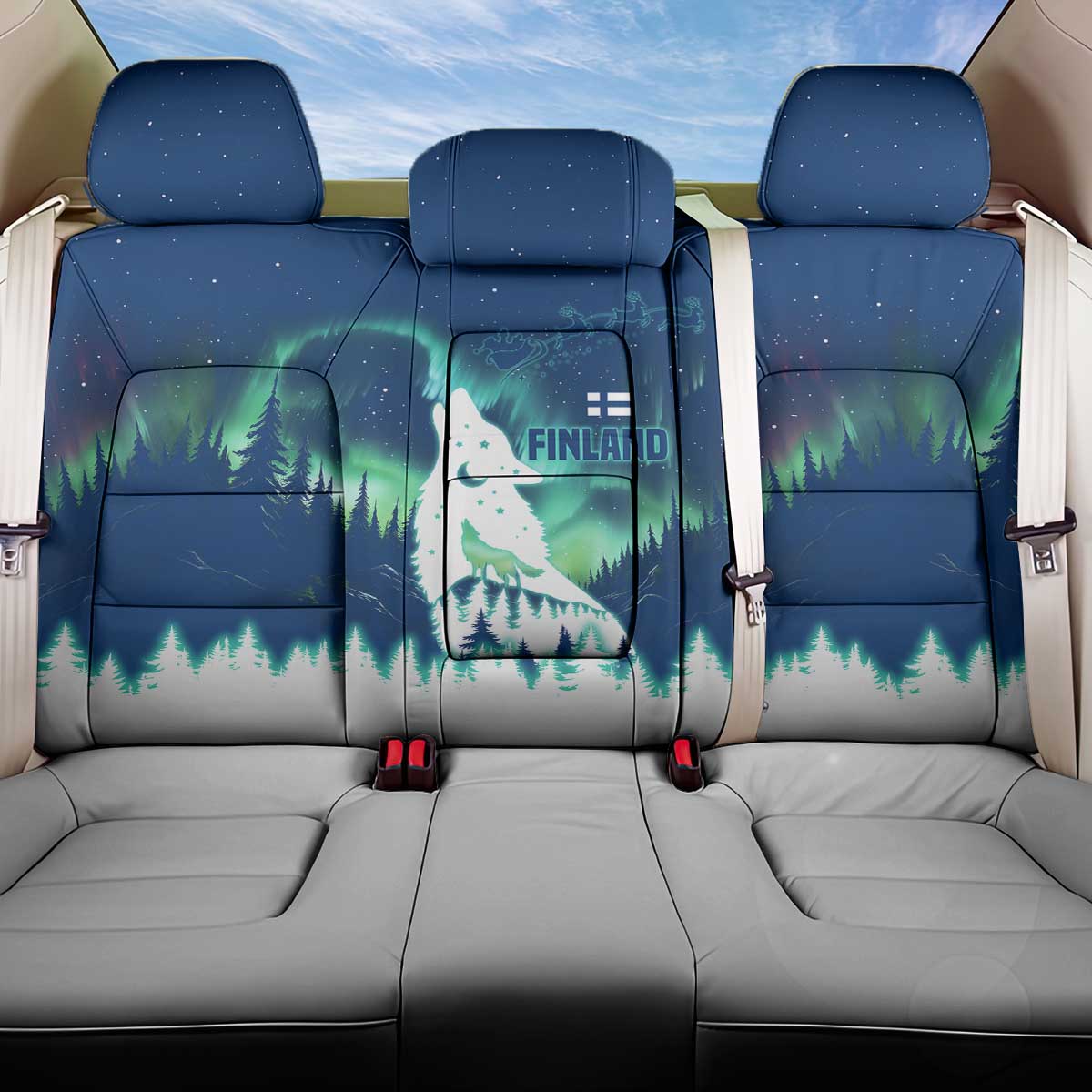 Finland Christmas Back Car Seat Cover with Howling Wolf Northern Lights Forest and Snow Design - Wonder Print Shop
