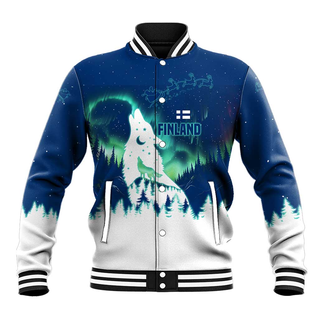 Finland Christmas Baseball Jacket with Howling Wolf Northern Lights Forest and Snow Design - Wonder Print Shop