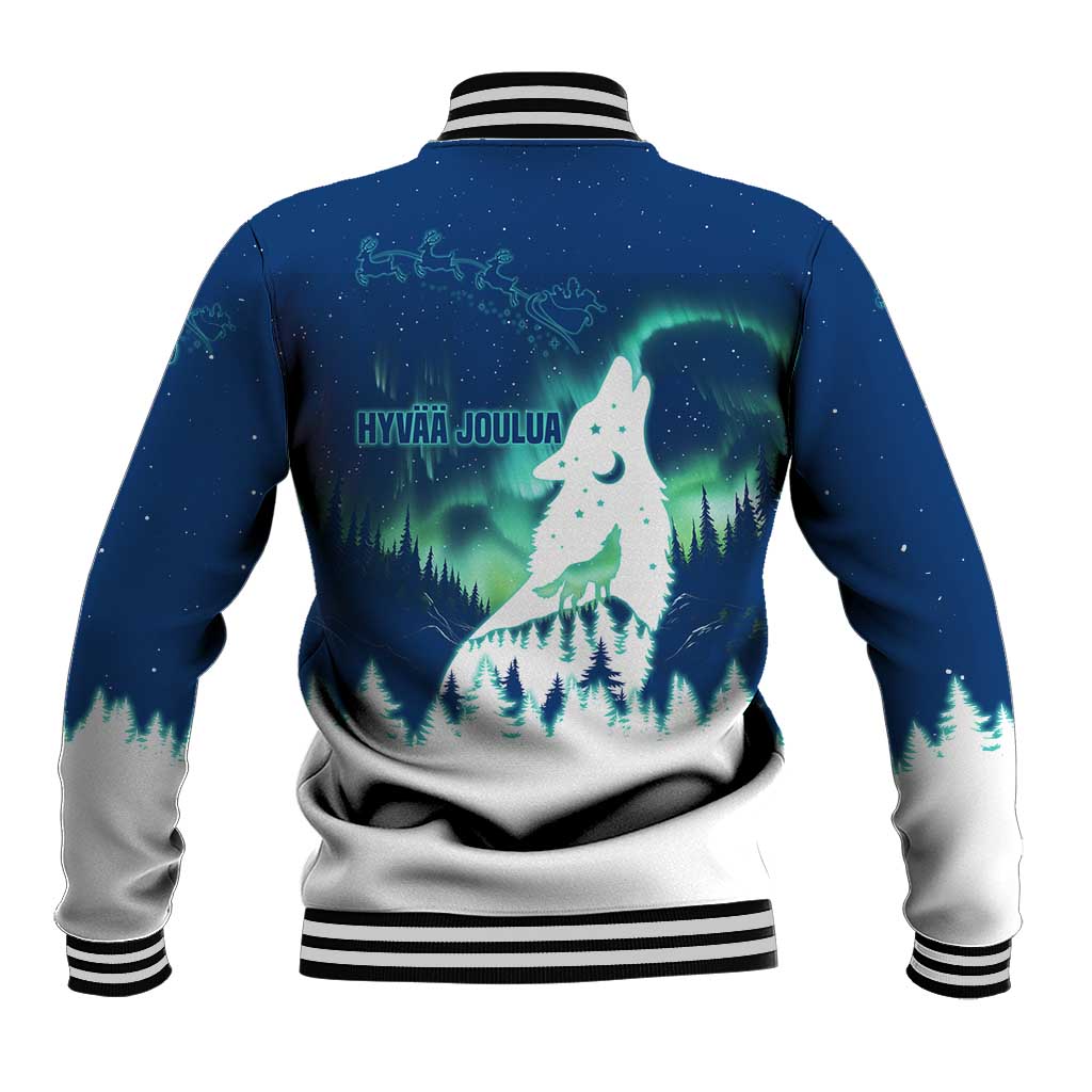 Finland Christmas Baseball Jacket with Howling Wolf Northern Lights Forest and Snow Design - Wonder Print Shop