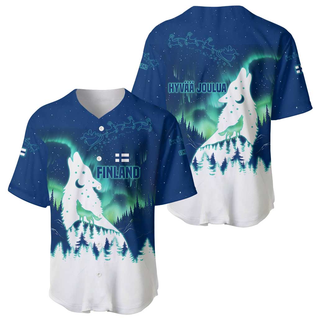 Finland Christmas Baseball Jersey with Howling Wolf Northern Lights Forest and Snow Design - Wonder Print Shop