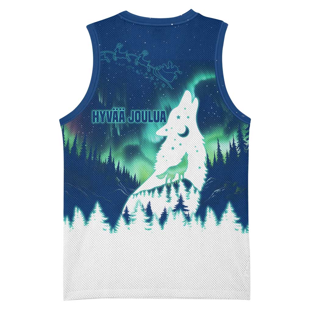 Finland Christmas Basketball Jersey with Howling Wolf Northern Lights Forest and Snow Design - Wonder Print Shop