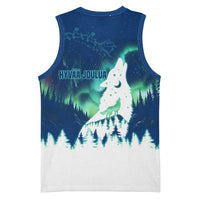 Finland Christmas Basketball Jersey with Howling Wolf Northern Lights Forest and Snow Design - Wonder Print Shop
