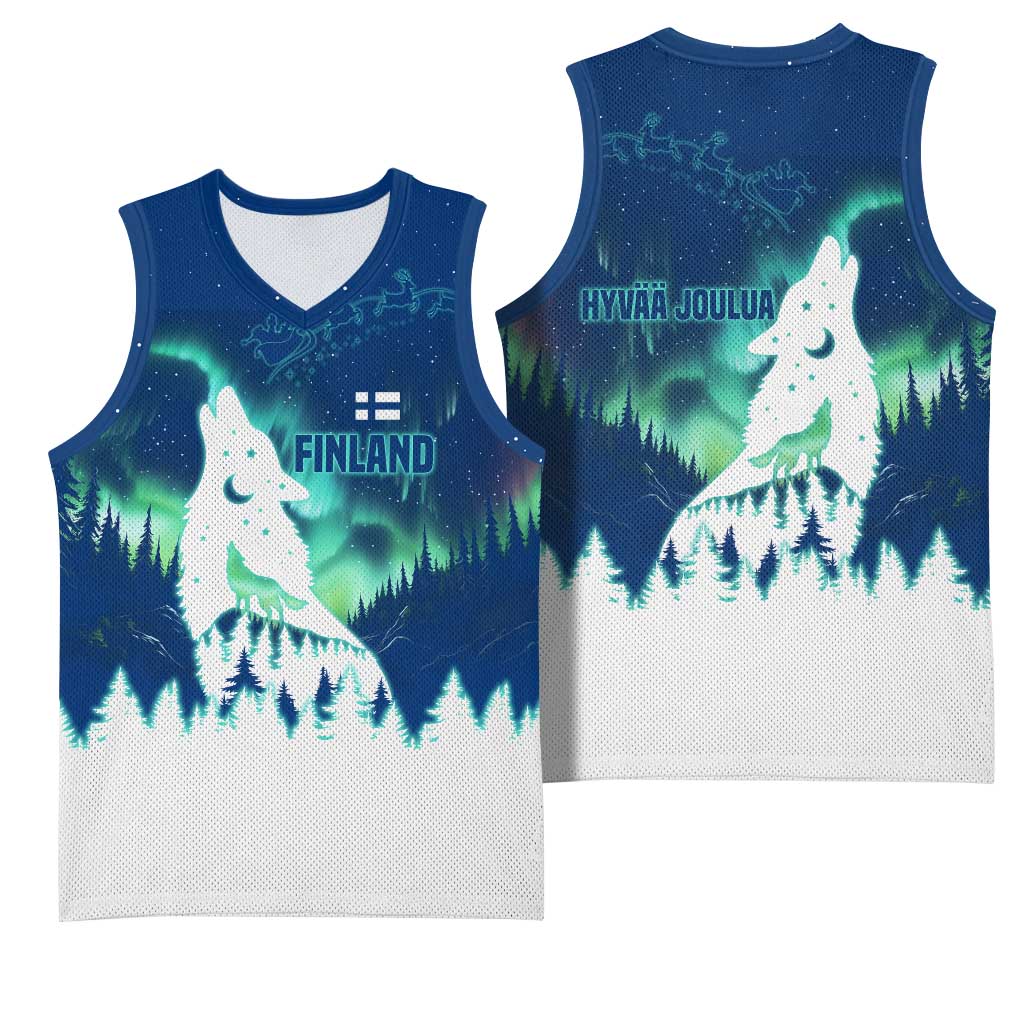Finland Christmas Basketball Jersey with Howling Wolf Northern Lights Forest and Snow Design - Wonder Print Shop