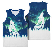 Finland Christmas Basketball Jersey with Howling Wolf Northern Lights Forest and Snow Design - Wonder Print Shop