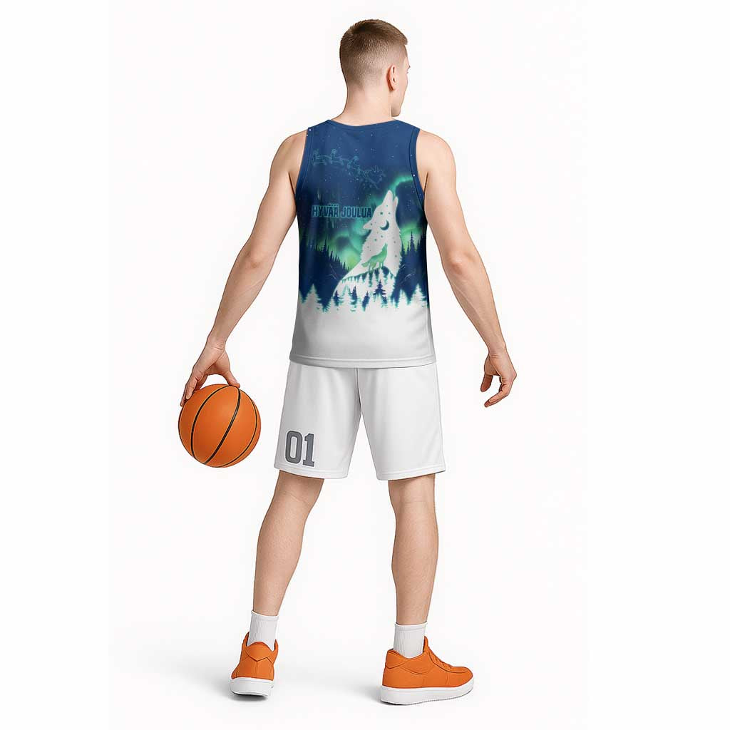 Finland Christmas Basketball Jersey with Howling Wolf Northern Lights Forest and Snow Design - Wonder Print Shop