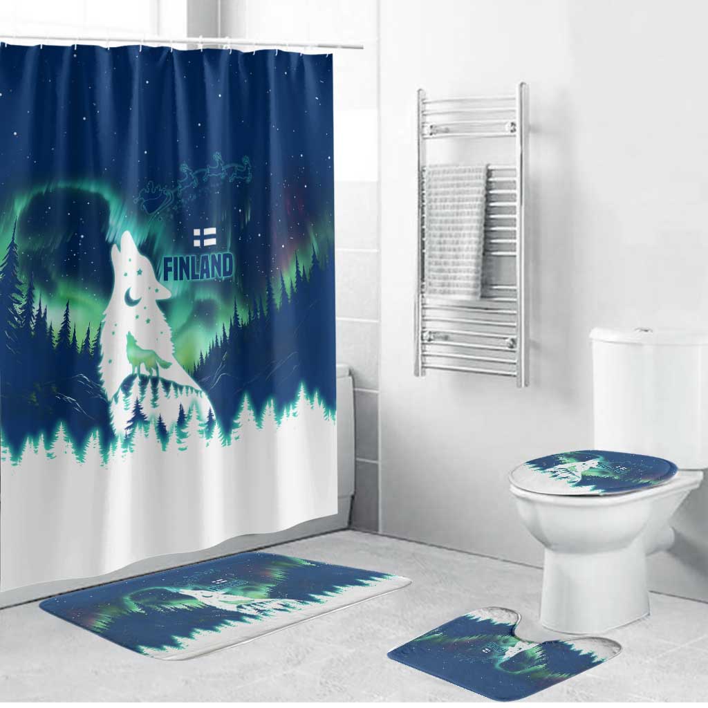 Finland Christmas Bathroom Set with Howling Wolf Northern Lights Forest and Snow Design - Wonder Print Shop