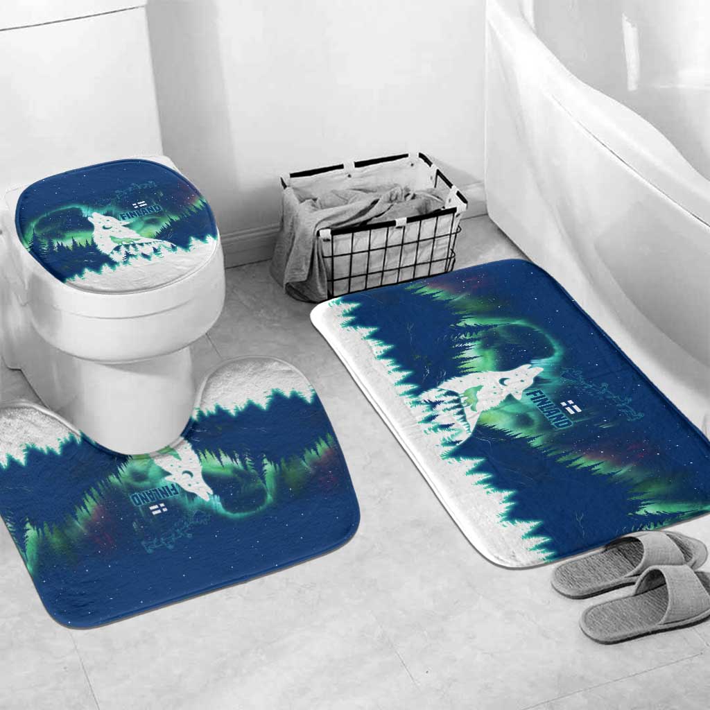 Finland Christmas Bathroom Set with Howling Wolf Northern Lights Forest and Snow Design - Wonder Print Shop