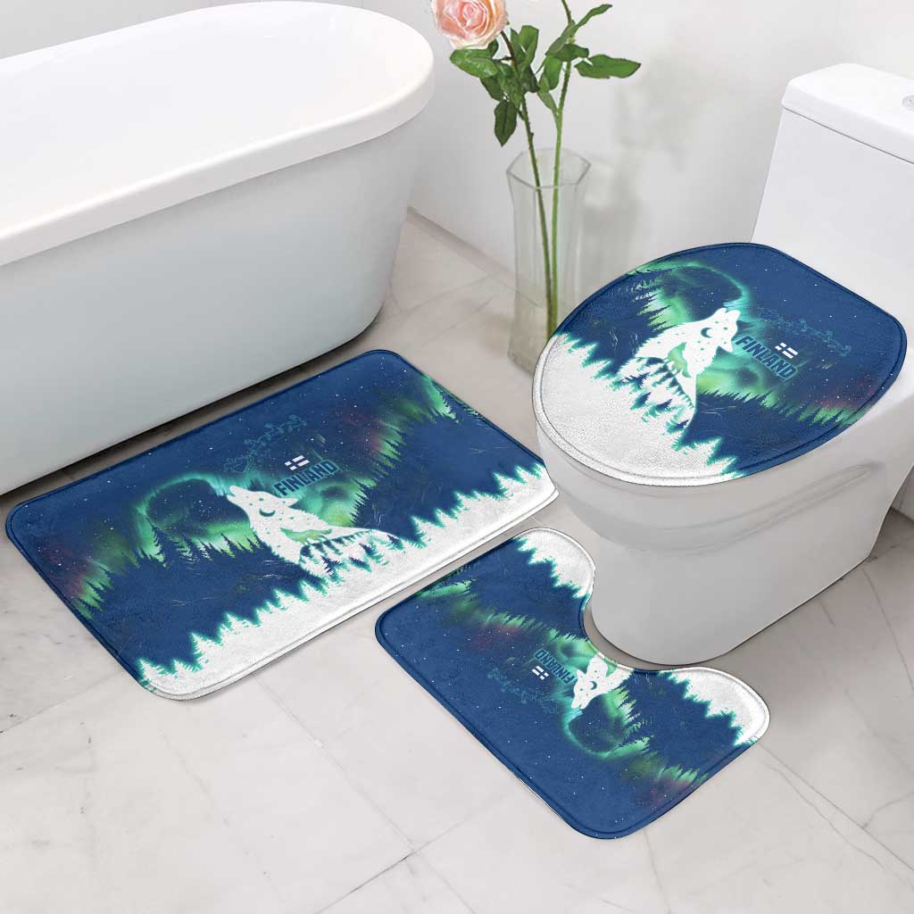 Finland Christmas Bathroom Set with Howling Wolf Northern Lights Forest and Snow Design - Wonder Print Shop
