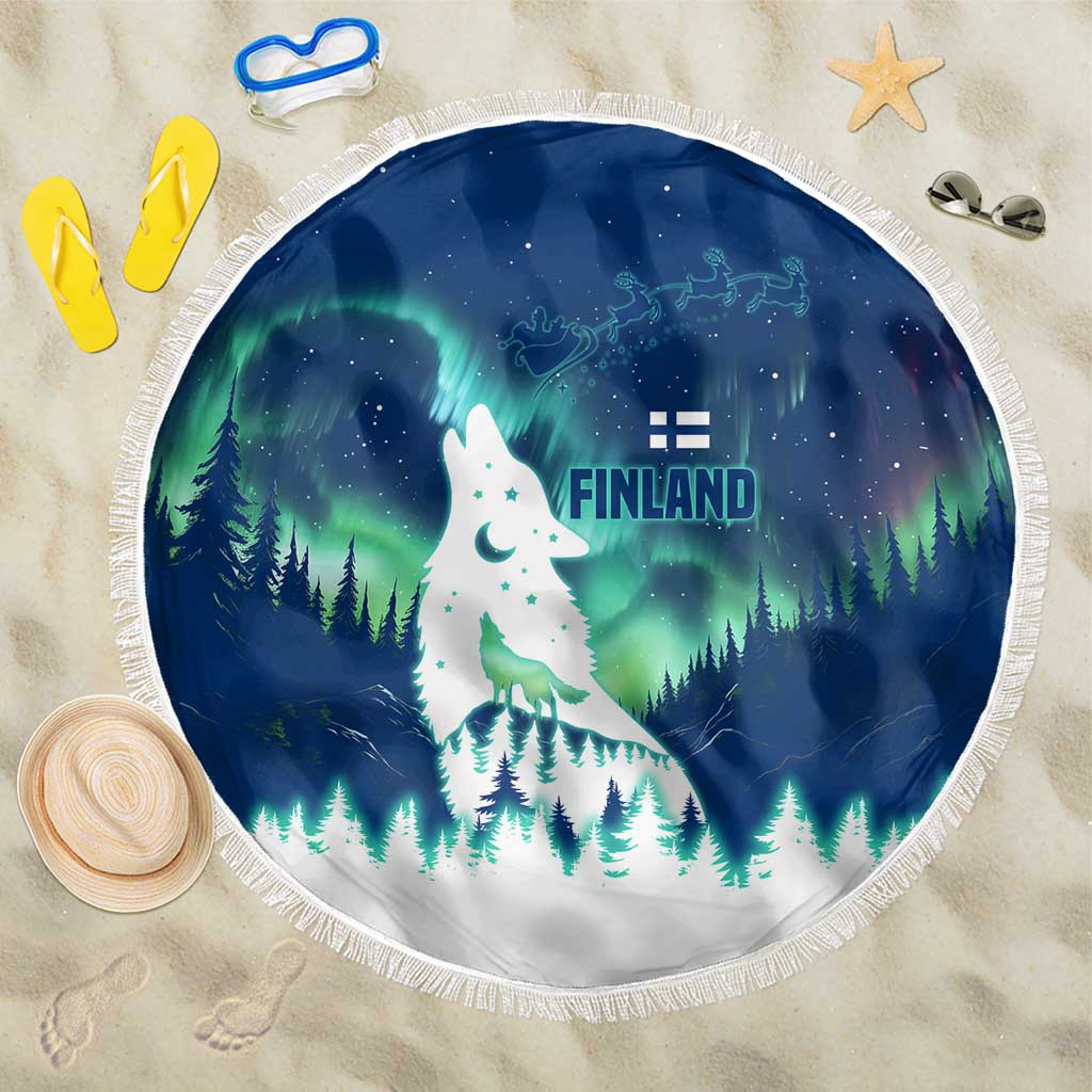 Finland Christmas Beach Blanket with Howling Wolf Northern Lights Forest and Snow Design - Wonder Print Shop