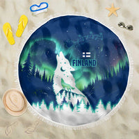 Finland Christmas Beach Blanket with Howling Wolf Northern Lights Forest and Snow Design - Wonder Print Shop