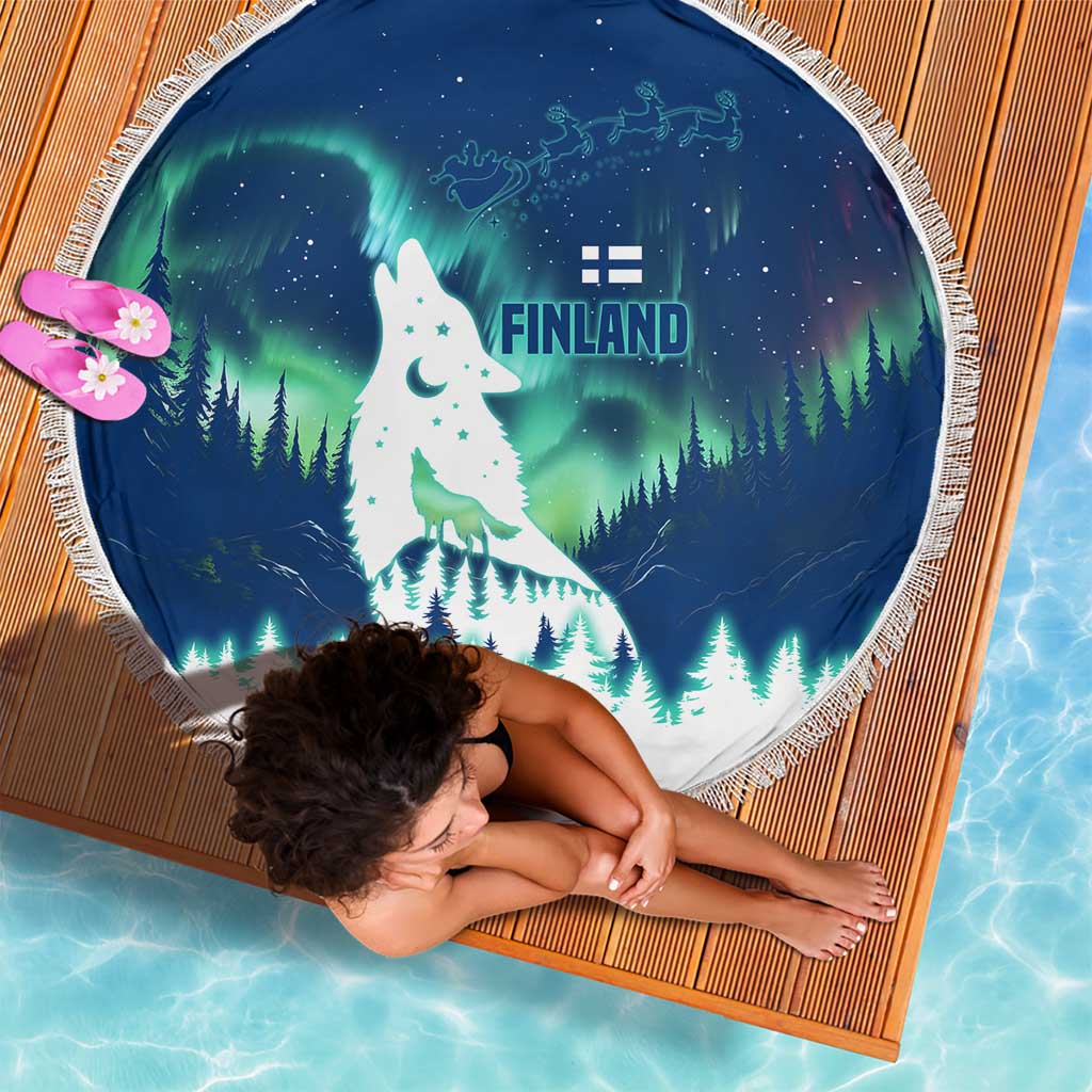 Finland Christmas Beach Blanket with Howling Wolf Northern Lights Forest and Snow Design - Wonder Print Shop