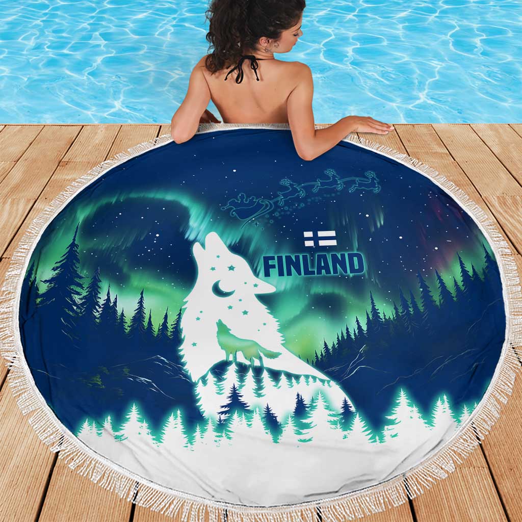 Finland Christmas Beach Blanket with Howling Wolf Northern Lights Forest and Snow Design - Wonder Print Shop