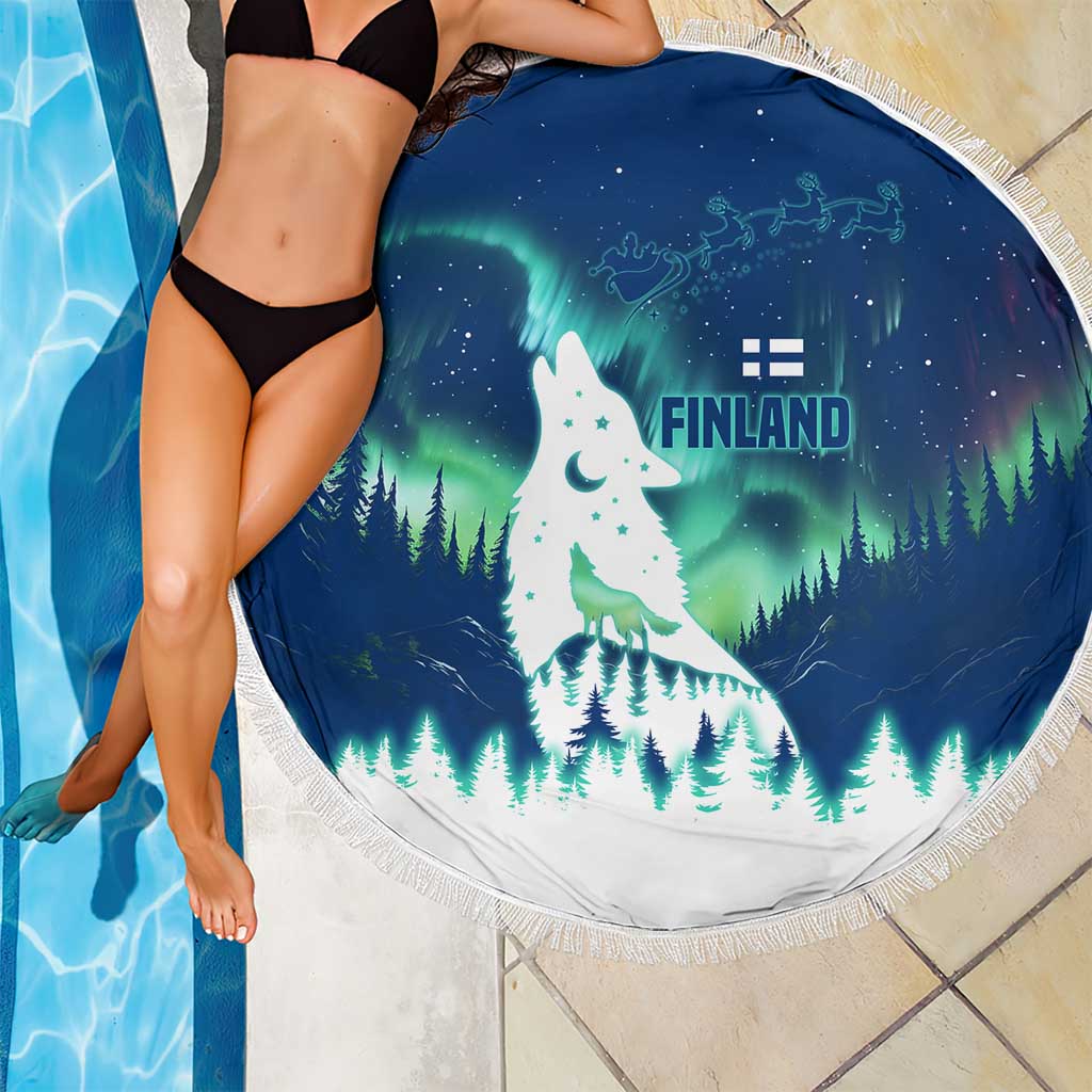 Finland Christmas Beach Blanket with Howling Wolf Northern Lights Forest and Snow Design - Wonder Print Shop