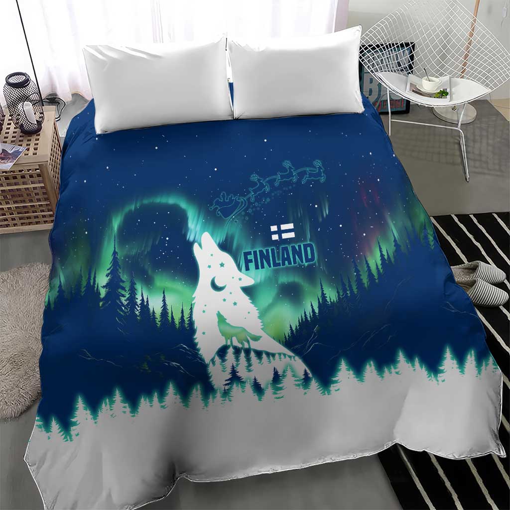 Finland Christmas Bedding Set with Howling Wolf Northern Lights Forest and Snow Design - Wonder Print Shop