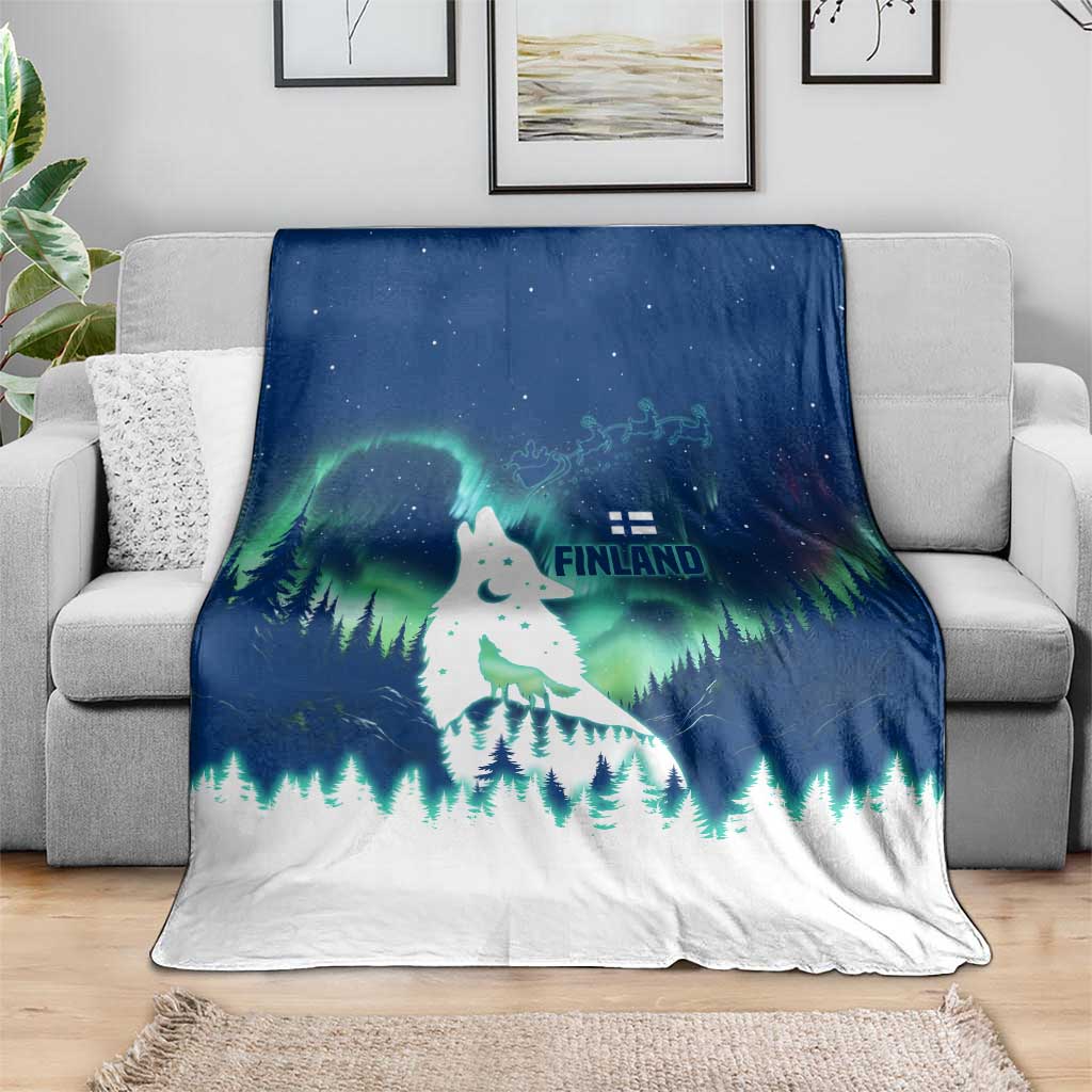 Finland Christmas Blanket with Howling Wolf Northern Lights Forest and Snow Design - Wonder Print Shop
