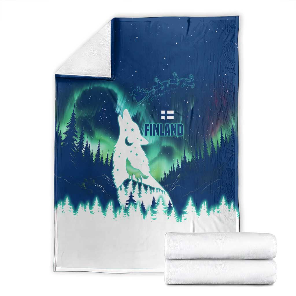 Finland Christmas Blanket with Howling Wolf Northern Lights Forest and Snow Design - Wonder Print Shop