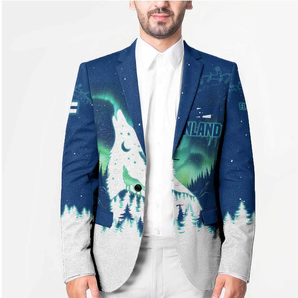 Finland Christmas Blazer with Howling Wolf Northern Lights Forest and Snow Design - Wonder Print Shop