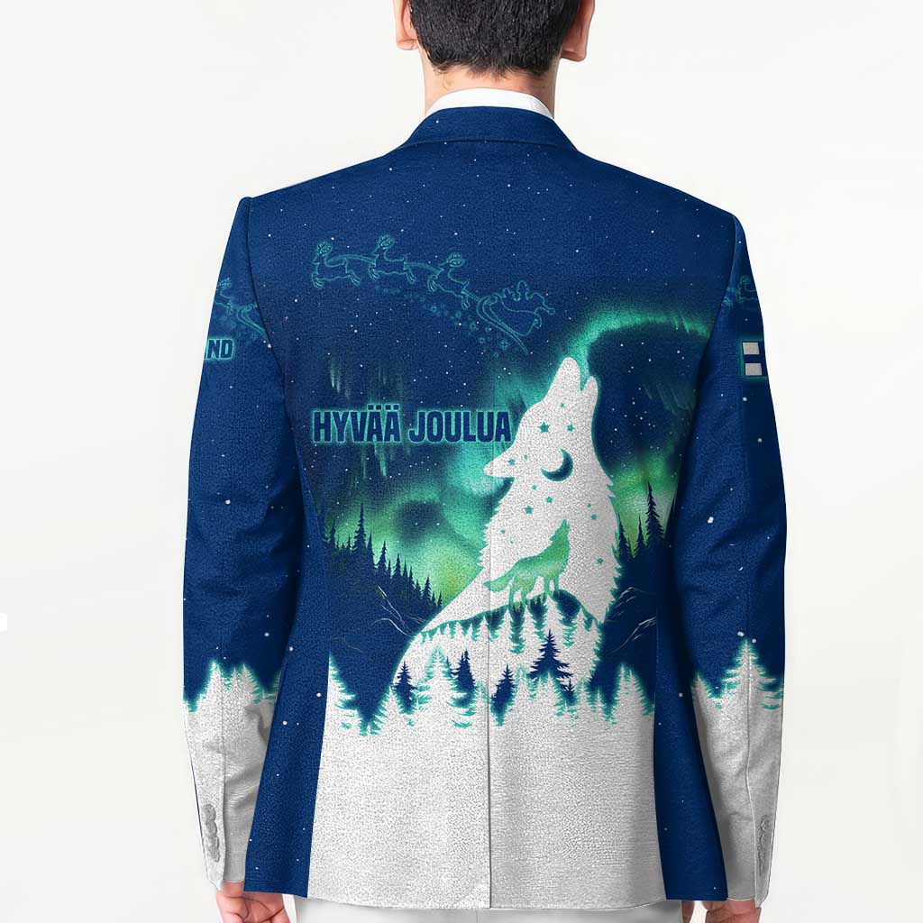 Finland Christmas Blazer with Howling Wolf Northern Lights Forest and Snow Design - Wonder Print Shop