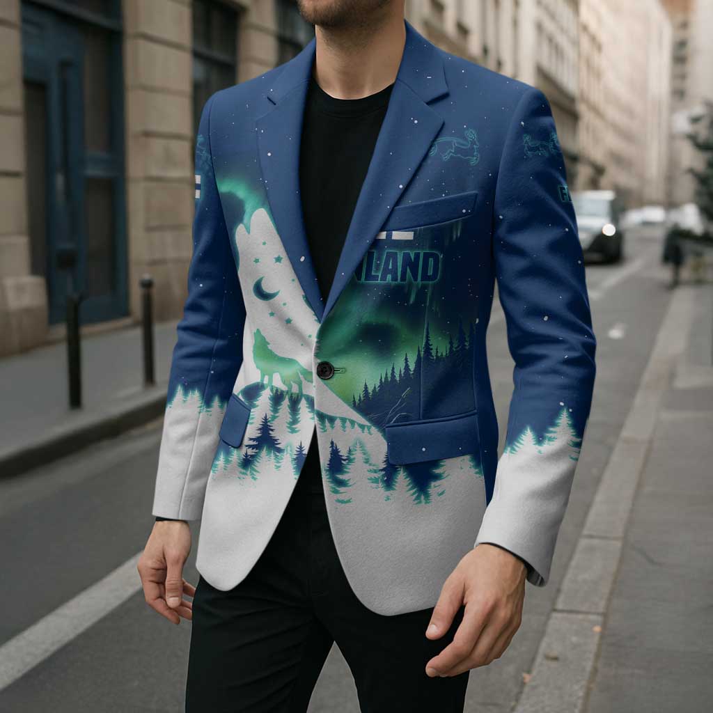 Finland Christmas Blazer with Howling Wolf Northern Lights Forest and Snow Design - Wonder Print Shop