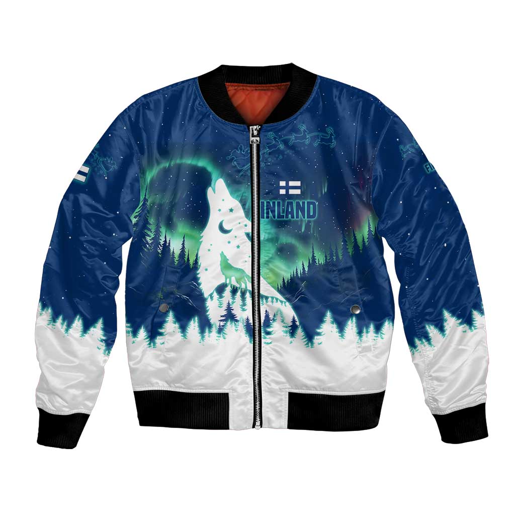 Finland Christmas Bomber Jacket with Howling Wolf Northern Lights Forest and Snow Design - Wonder Print Shop