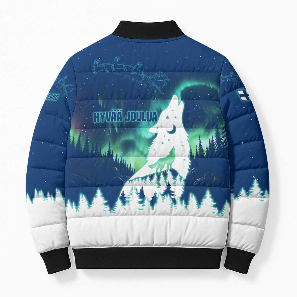 Finland Christmas Bomber Puffer Jacket with Howling Wolf Northern Lights Forest and Snow Design - Wonder Print Shop