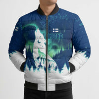 Finland Christmas Bomber Puffer Jacket with Howling Wolf Northern Lights Forest and Snow Design - Wonder Print Shop